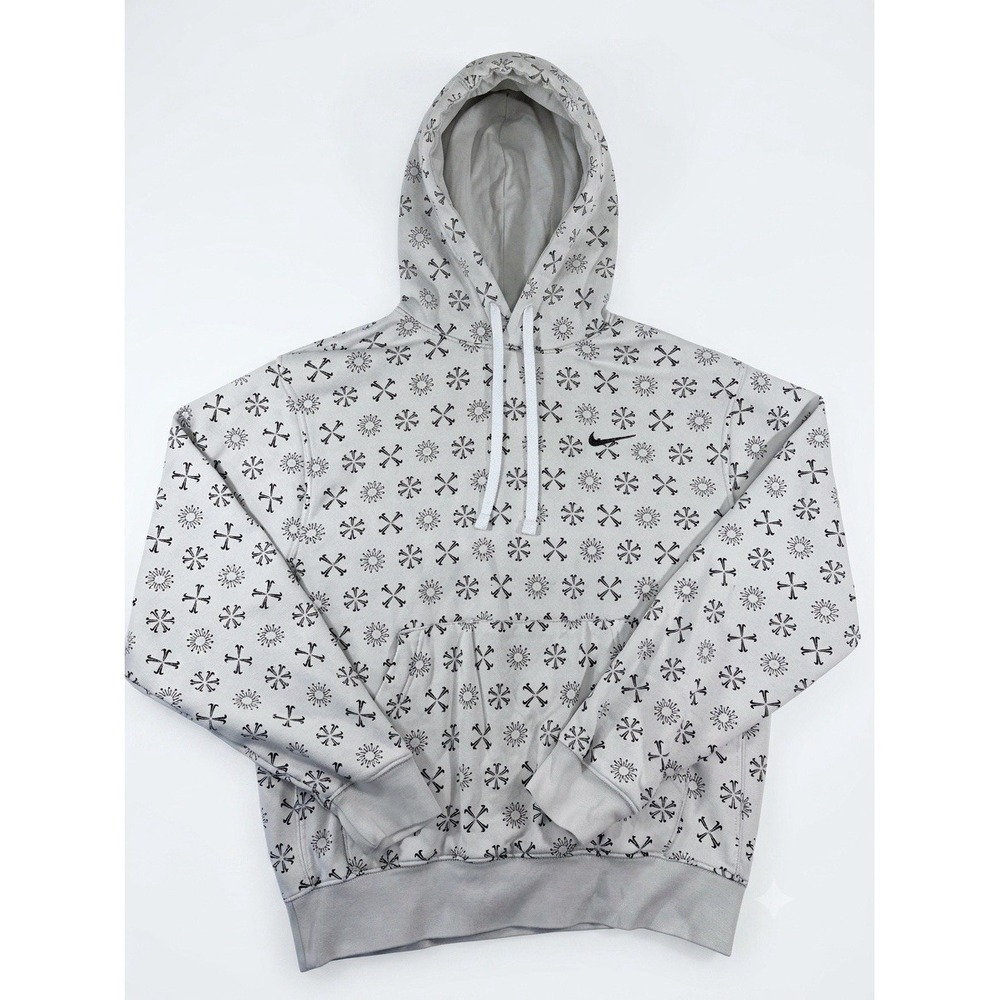 Nike All-Over Print Logo Hoodie Grey White Pullover Sweatshirt Men's Small S